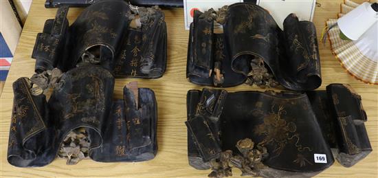 Four Canton gilt decorated black lacquer temple carvings